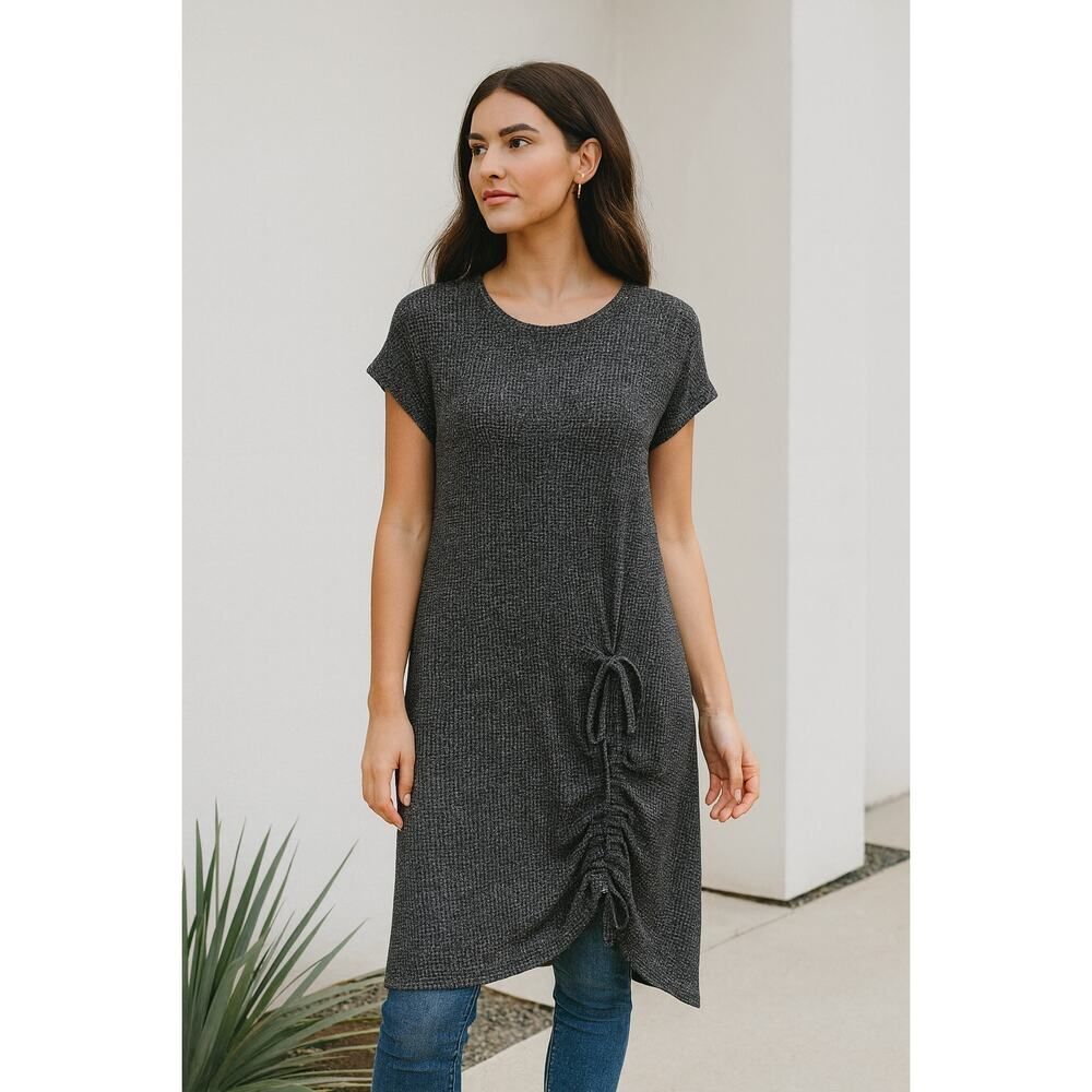 Comfy Textured Knit Black Asymmetrical Dress M Ruched Hem Minimalist USA Made